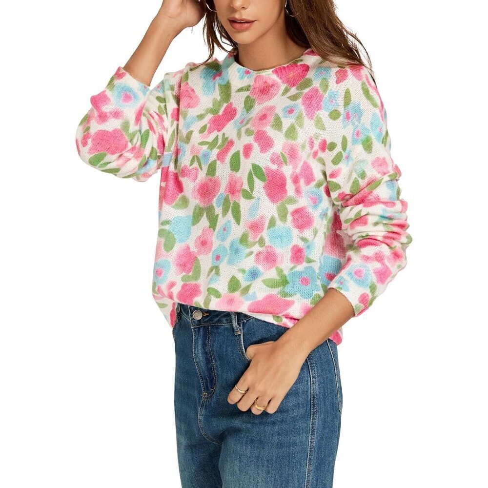 Women's Floral Print Wool Blend Sweater Oversized Lightweigh for Fall
